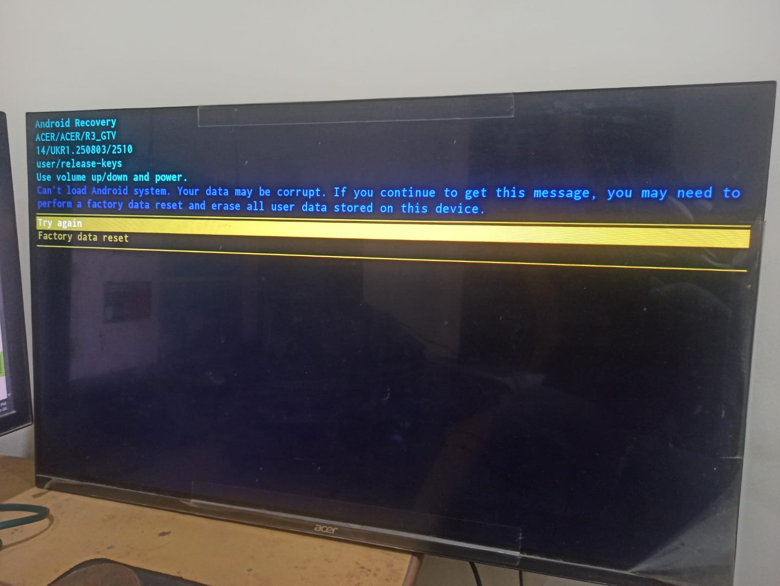 Acer Google TV stuck in recovery mode  appeared suddenly, possible  firmware issue Model: AR32GR2841VQD - Acer Community