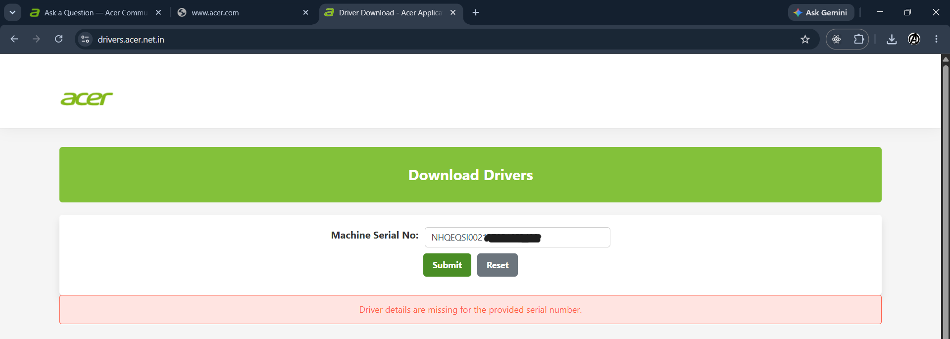 Unable to open the drivers site to download the drivers for my acer ...