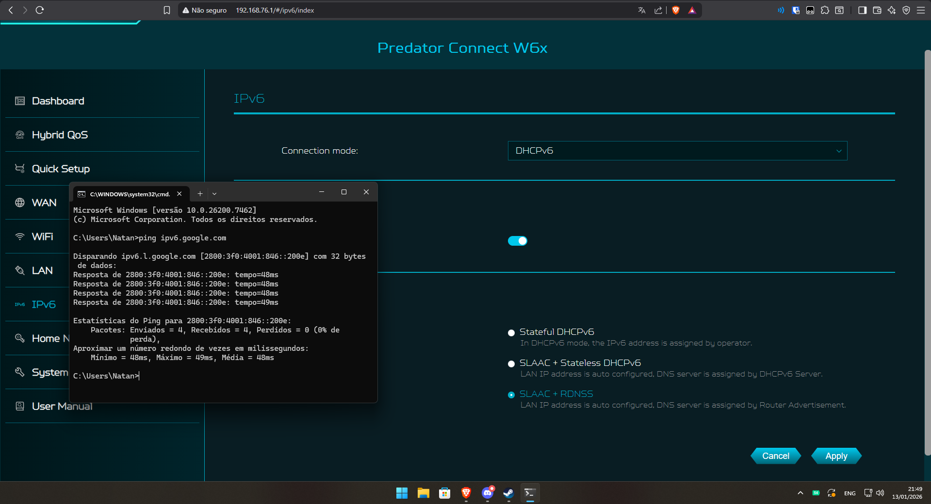 IPv6 ACER PREDATOR CONNECT W6X - Vivo Fibra - Acer Community