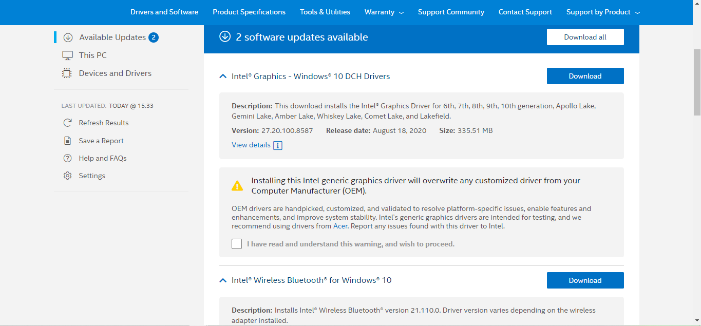 how to update intel driver not through acer