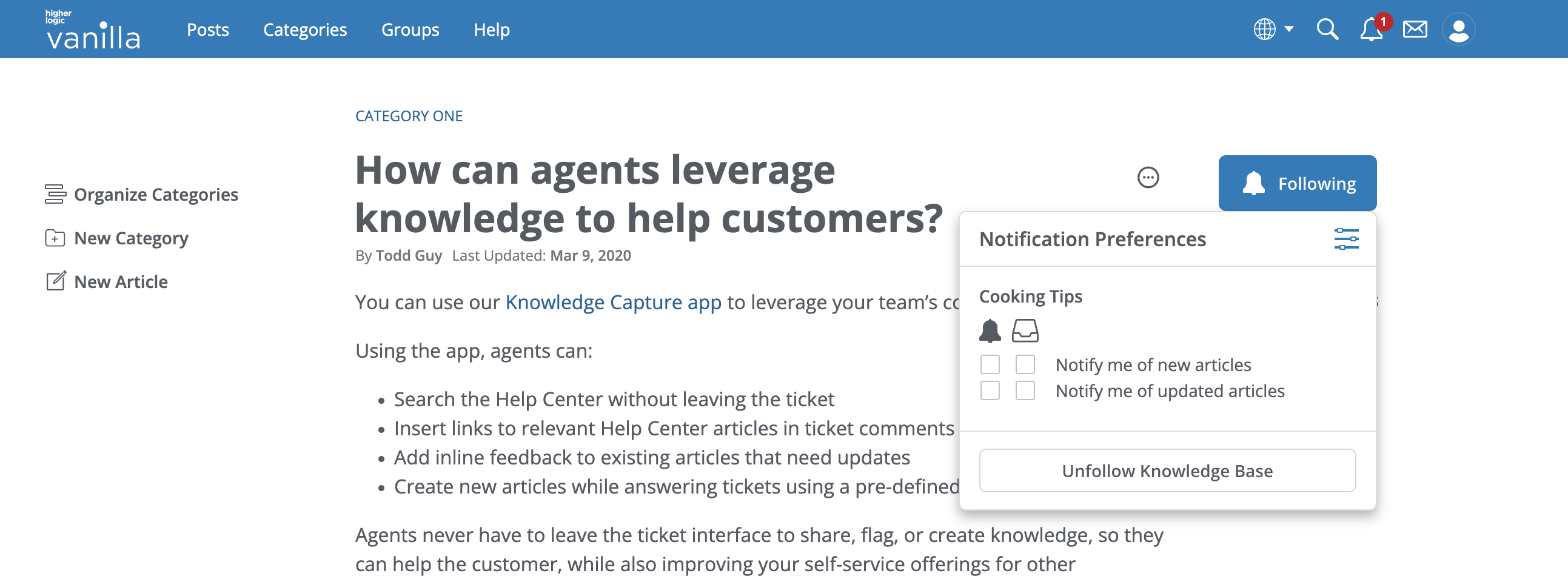 Knowledge Base Following Menu & Options