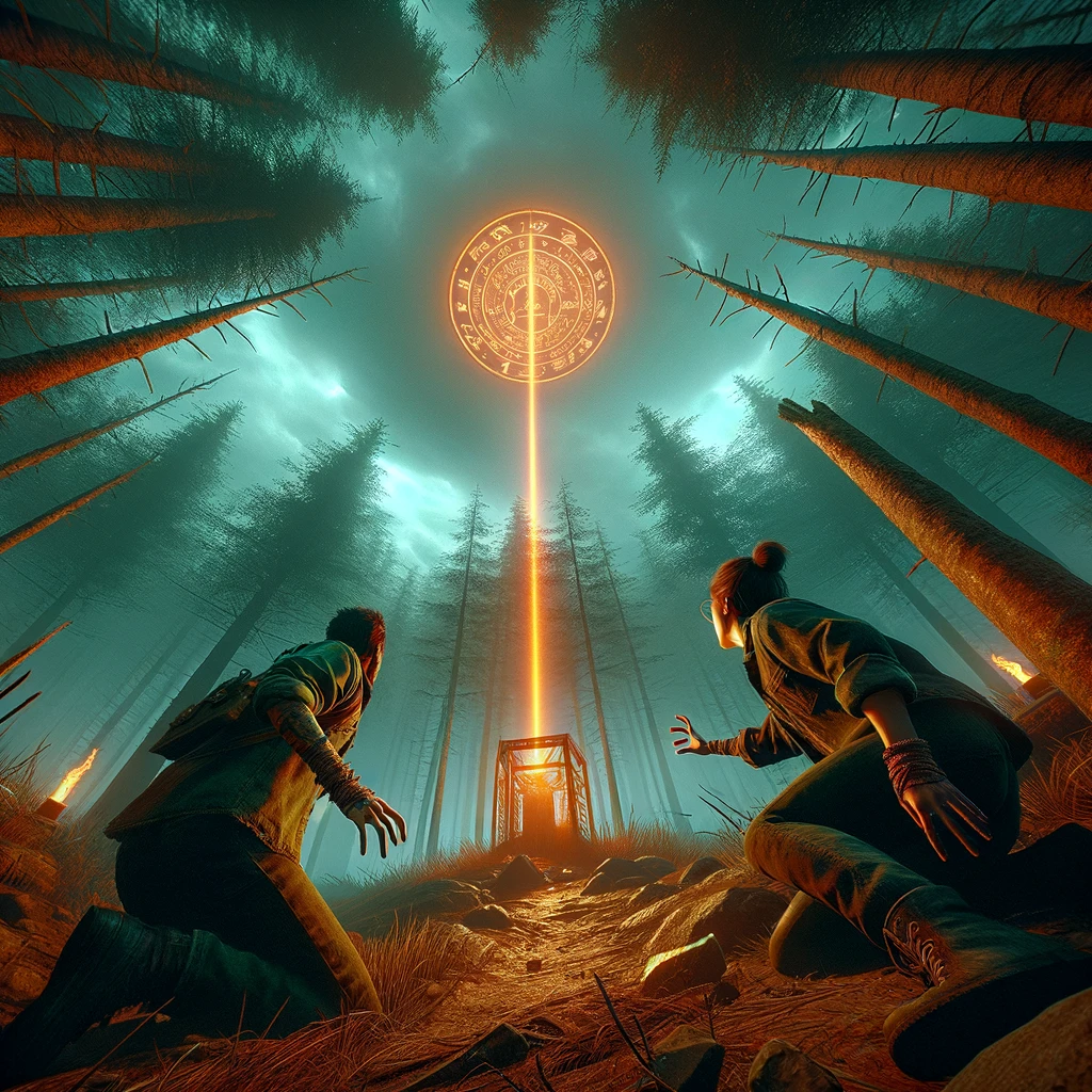 DALL·E 2024-01-09 17.22.54 - A closer to the ground perspective scene in 'Dead by Daylight', showing two survivors performing a ritual in front of a small 'Sacred Shrine' in the w.png