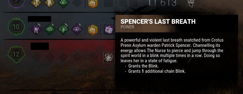 ID: an image displaying four blank perk slots and Spencer's Last Breath