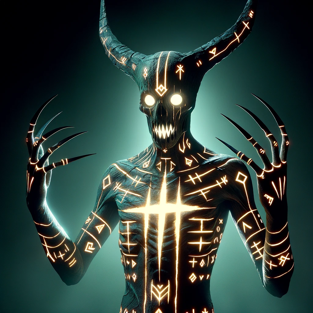 DALL·E 2024-01-09 17.14.20 - Another image of 'The Ritual', the killer character in 'Dead by Daylight', accentuated with bright glowing runes on its body. This depiction maintains.png