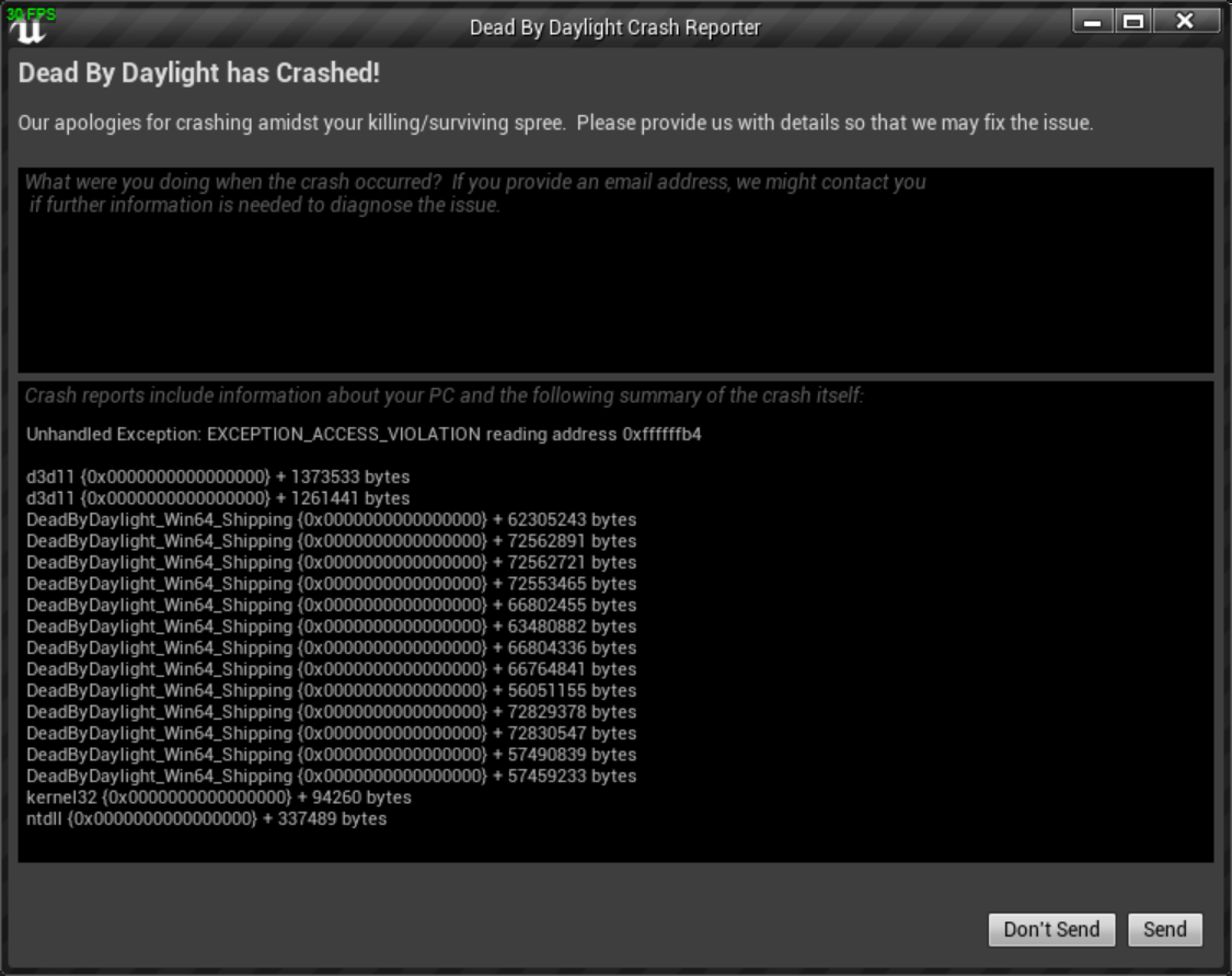 crash because EXCEPTION_ACCESS_VIOLATION — Dead By Daylight