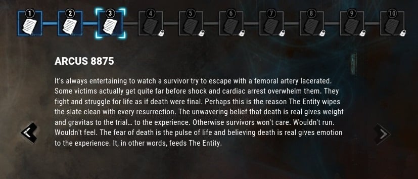 Image of an in-game lore page titled Arcus 8875