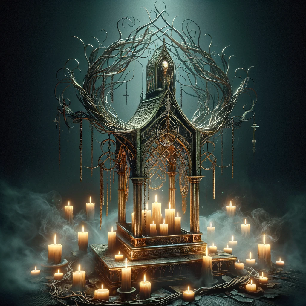 DALL·E 2024-01-09 17.17.22 - A smaller and more compact version of the 'Sacred Shrine' for 'The Ritual' in 'Dead by Daylight', with a reduced height and width. The shrine should m.png