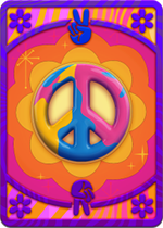 Carta do Verão do Amor no Candy Crush Solitaire. Um verso de carta colorido com um símbolo de paz no meio