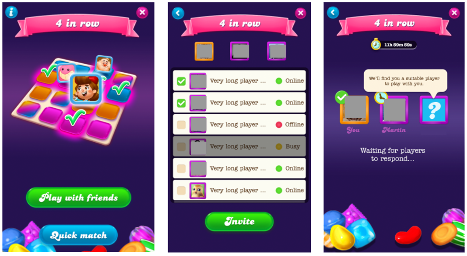 The '4 in row' feature, a friends list for game invites, and a matchmaking screen with a countdown, indicating a search for players to join the game