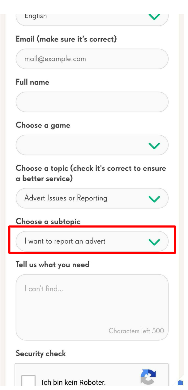 Contact Form. Choose a subtopic: I want to report an advert