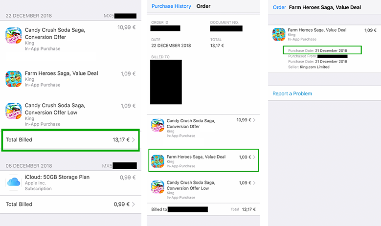 Three screenshots. First one: The screen you see when you open your Apple purchase history. It lists 3 purchases made on Dec 22 2018, and a total billed for the day, that sums all three. Second screenshot: the player clicks on total billed and accesses a detailed view. Third screenshot: player taps on one of the purchases and can see that the actual date of purchase is not the 22nd but the 21st of December