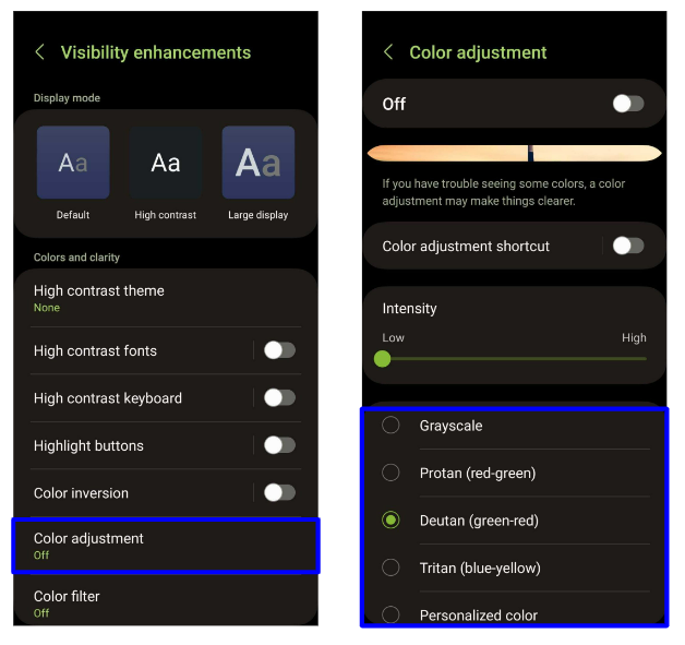 Two screenshots. The first one is the visibility enhancements menu, including Display mode and options for colors and clarity. One of the options is Color adjustment. The second screenshot is what you see when you click on color adjustment. You can turn the feature on and off, select the intensity and choose between grayscale, protan, deutan, tritan or personalized color