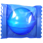 Wrapped Candy in Candy Crush Friends Saga: "A shiny blue striped spherical candy, wrapped in a clear blue cellophane with sealed edges