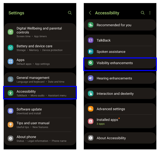 2 Screenshots: the fist one shows the list of settings  on an Android phone. The setting accessibility is highlighted. The second screenshot shows the list of accessibility settings that you get when you tap on Accessibility, including talkback, spoken assistance, hearing enhancements and visibility enhancements.