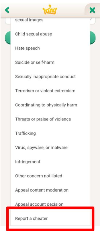 Screenshot of King's contact form, showing various issues that can be reported. The option 'Report a cheater' is at the bottom, highlighted with a red box.