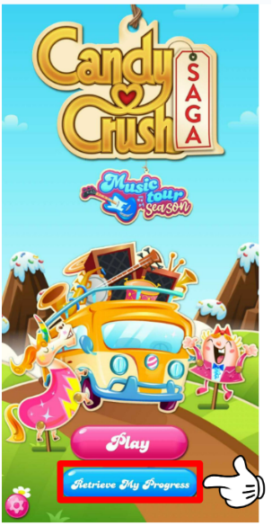 Opening screen showing the game's title Candy Crush Saga. Below there's a tour bus fullt of music instruments and the name of the season: Music tour season. Tiffi and Misty are standing next to the bus. There's a pink "Play" button and a blue "Retrieve my Progress" button. A hand is pointing at that blue button