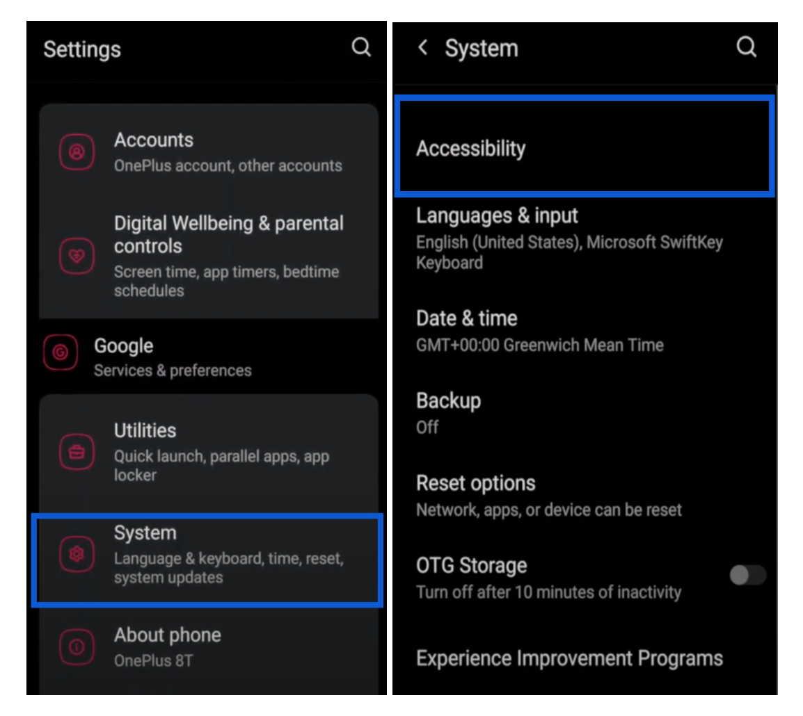 2 screenshots. First one, the settings menu with a list of settings for Android devices. In that list, system is highlighted. The second screenshot is what you see after pressing on system: One of the options listed is accessibility.