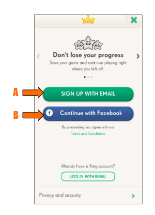Screen to log in/sign up into King games. There's a green button to sign up with email and create a King account, underneath there's a blue button that reads "Continue with Facebook". There's a link to the T&C, and at the bottom of the screen, there's a white button with green letters to log into your existing King account