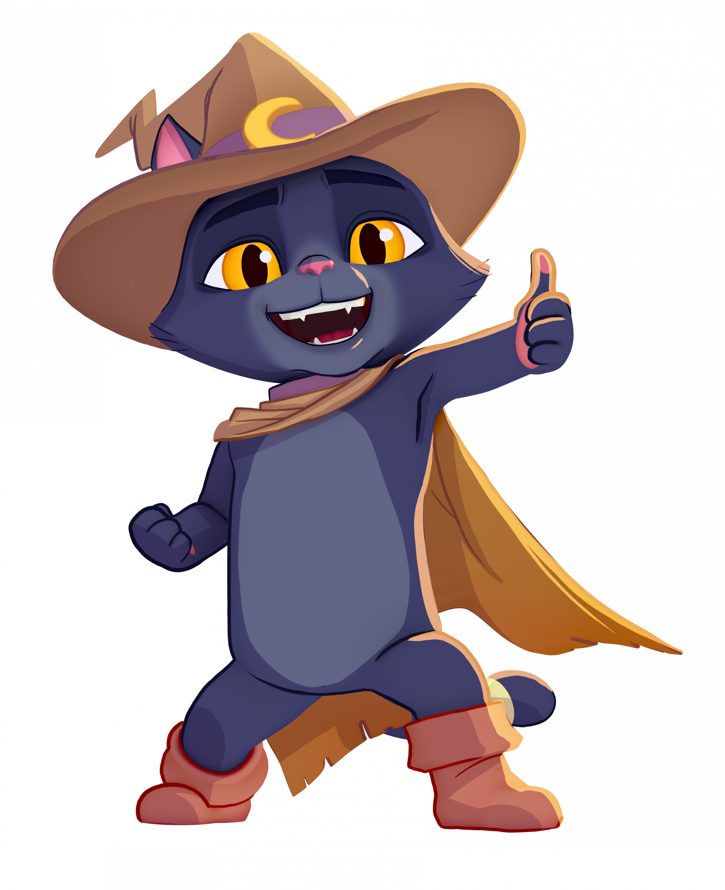 Nero, a blue cat wearing a witch's hat with a moon emblem, a scarf, and red boots, giving a thumbs-up