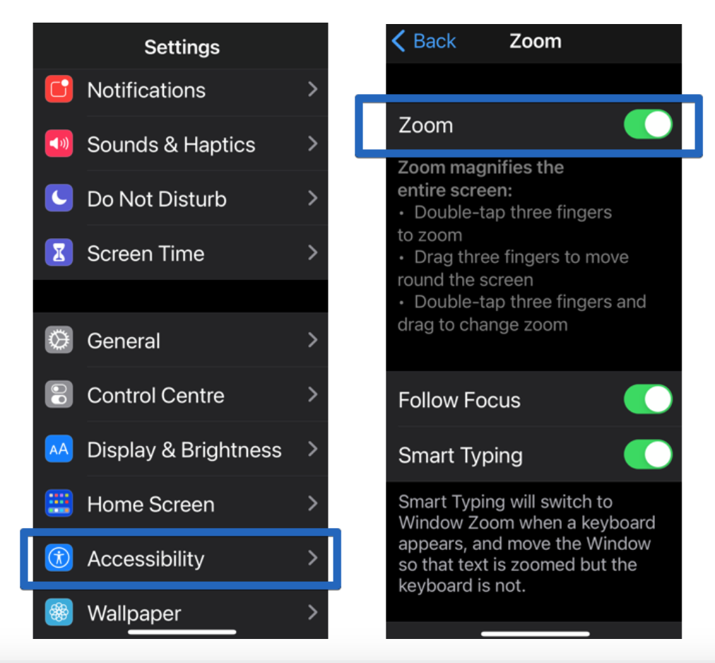 Settings on an Apple device. A list of settings, one of them being Accessibility. The icon next to the word is a human inside a blue circle. The second screenshot is what you see when you open that accessibility setting. There's a list of settings you can turn on and off, including Zoom, Follow Focus and Smart Typing