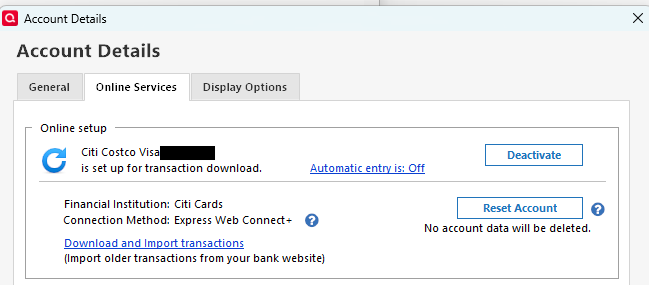 Citibank Costco Visa Card online balance incorrect in Quicken - Quicken