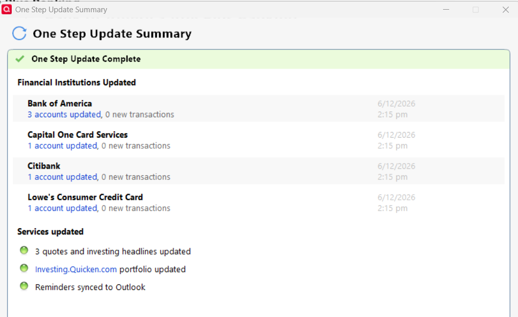 One Step Update Summary only shows some accounts [Edited] - Quicken