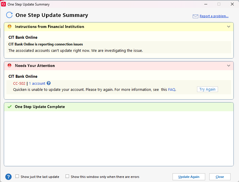 CIT Bank CC-502 Error - Quicken