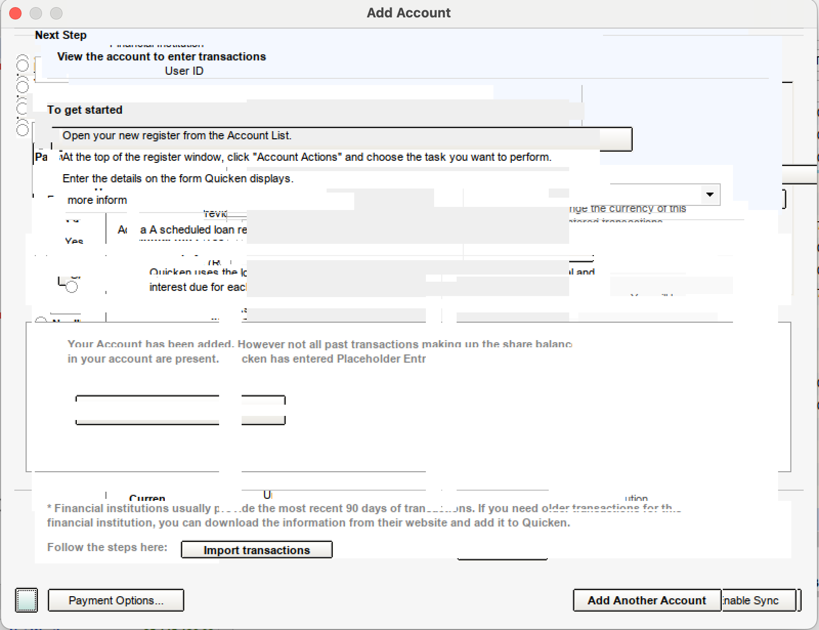 Quicken Classic for Windows Add Account Interface showing gibberish display.png