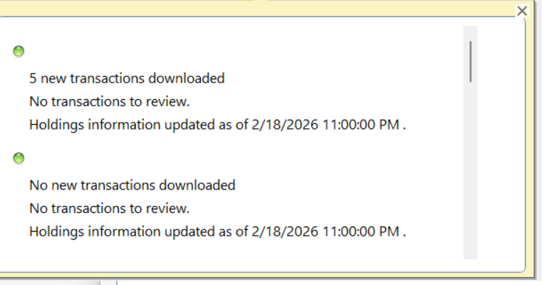 Redacted Quicken One Step Update shows only through 0218 at 02262026.PNG