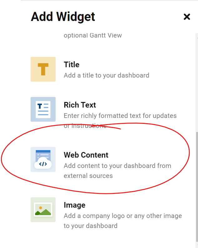 Add Widget menu - Web Content circled