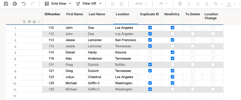 Checkbox dependent on two rows with identical data in the same