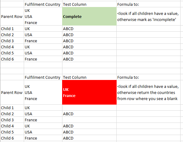 Find blank children and return another column for that row as