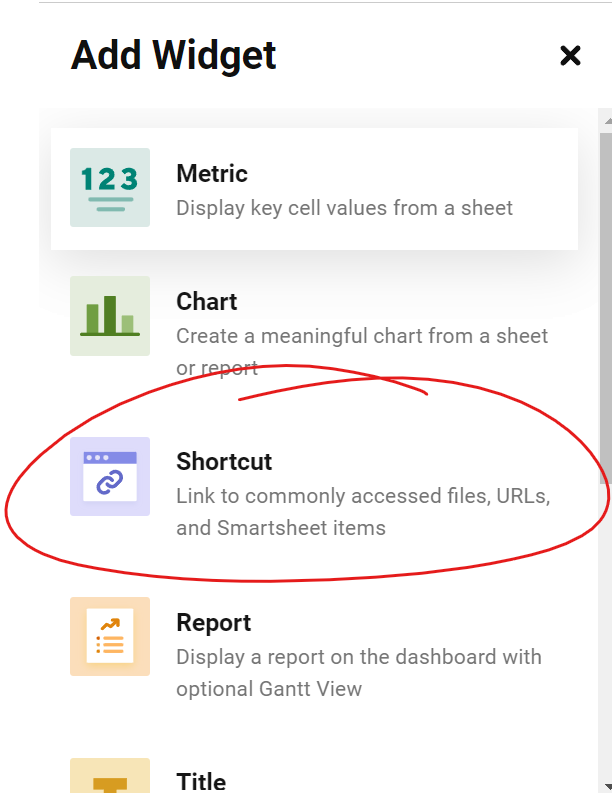 Add Widget menu - Shortcut circled