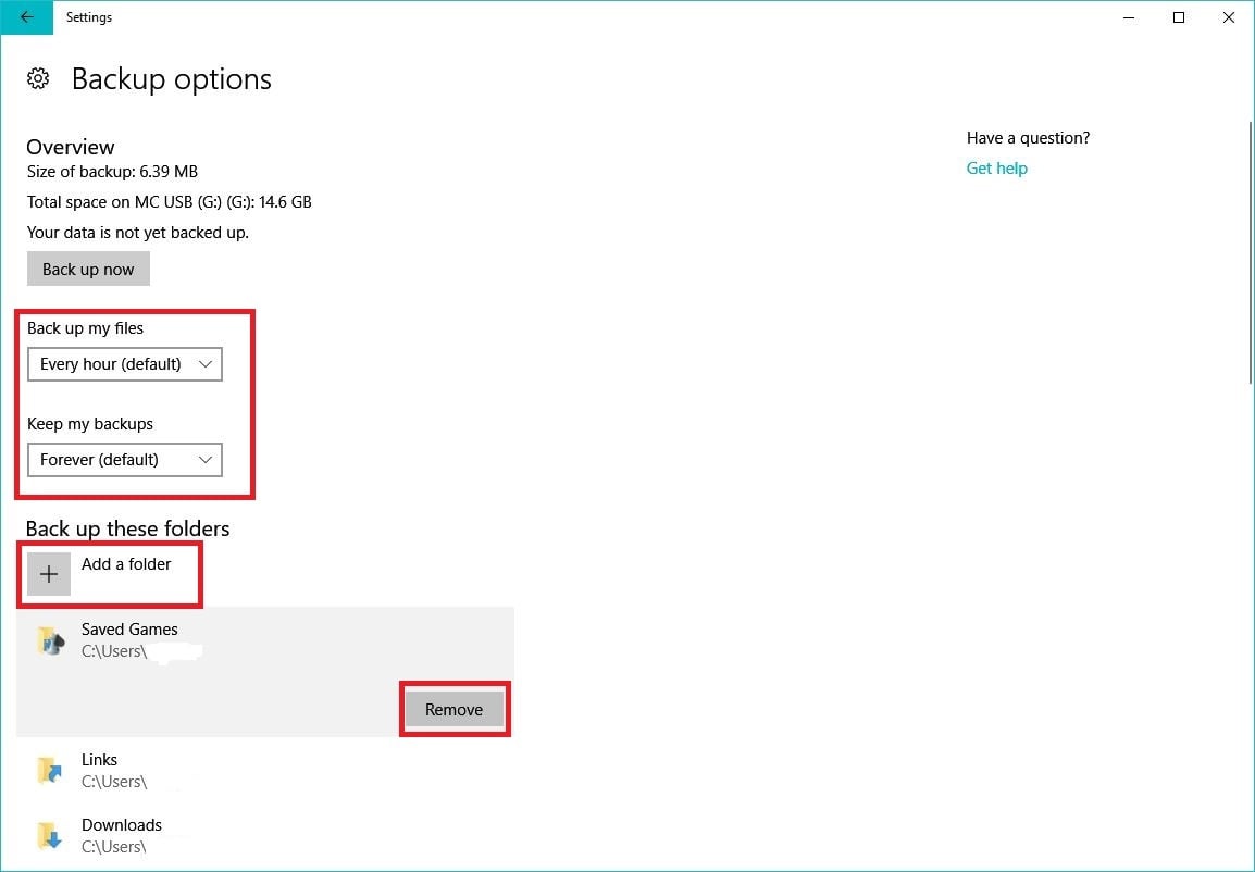 backup options in windows settings