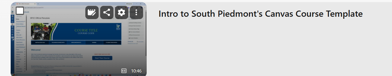 A Panopto video thumbnail titled intro to South Piedmont's Canvas Course Template displaying quick menu options such as editing, sharing, settings, and other options.
