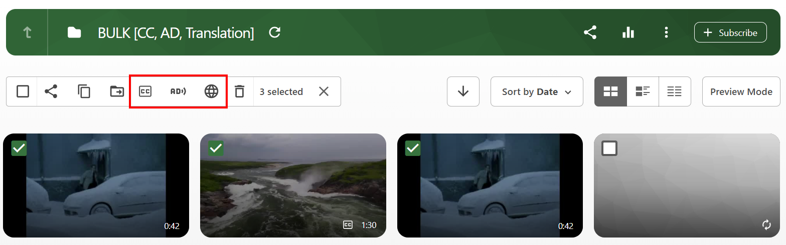 Three videos are selected in the folder view and the toolbar is highlighting the three accessibility service options: captions, audio descriptions, and translations.