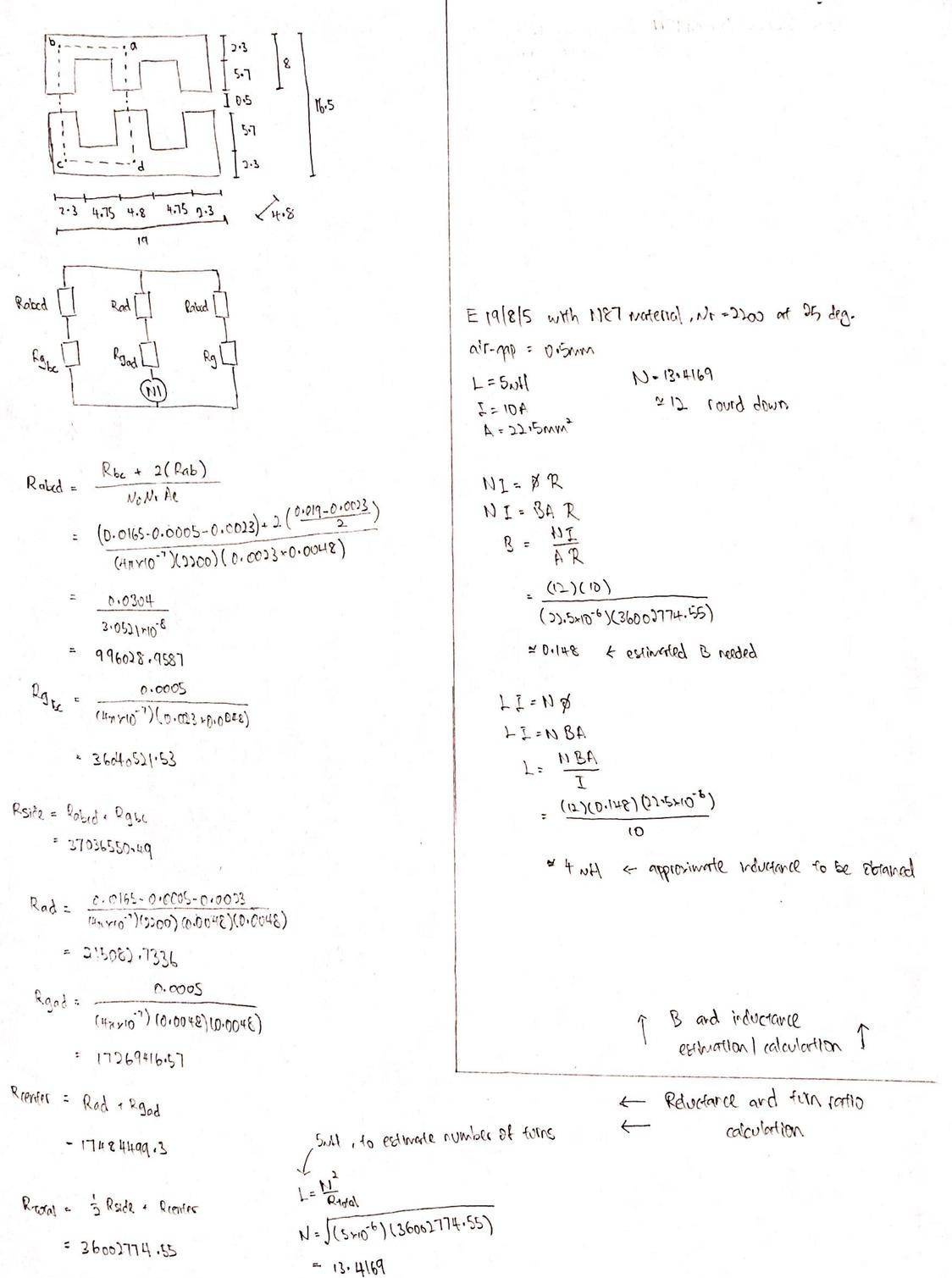 Inductance calculation of a transformer core