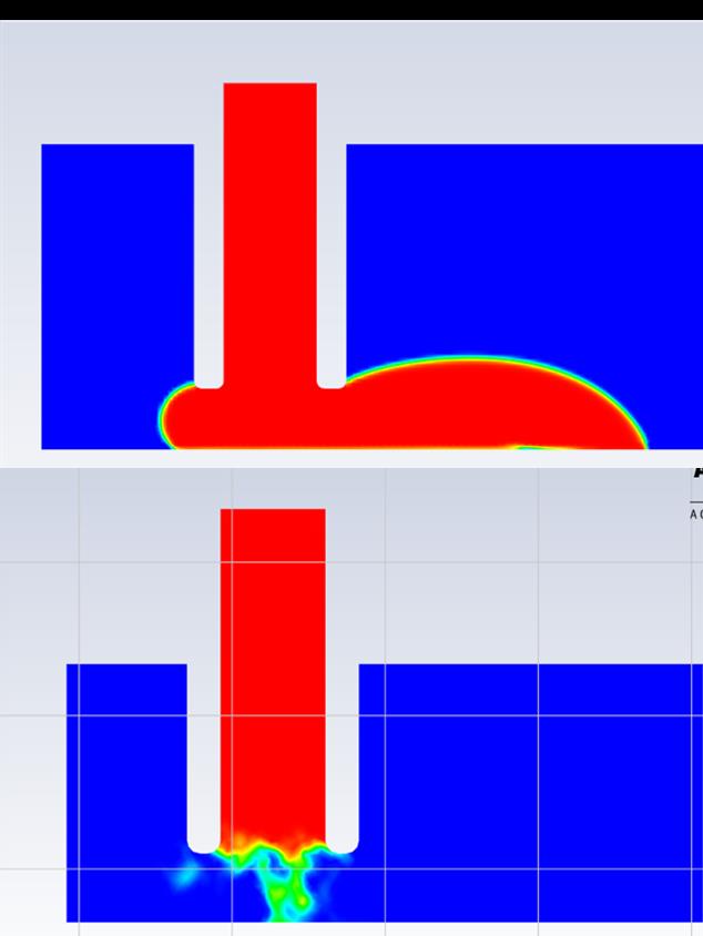 Model results of the 2D model (on top) and the 3D model (below)