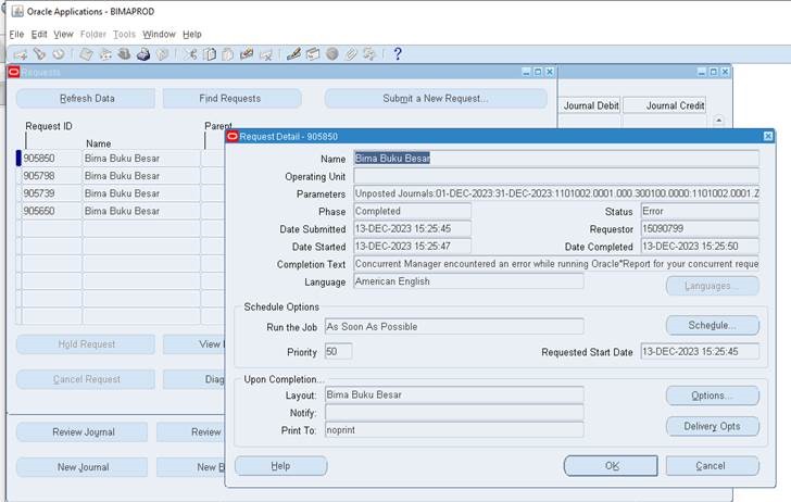 Have a problem when the GL request appears completed error — oracle-mosc