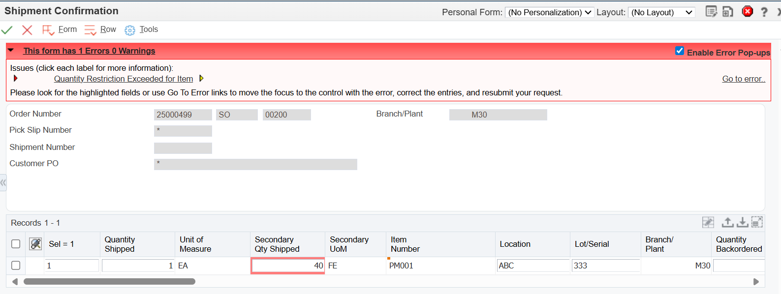 Ship confirm for Dual UOM Serialized Item generates error "Quantity ...