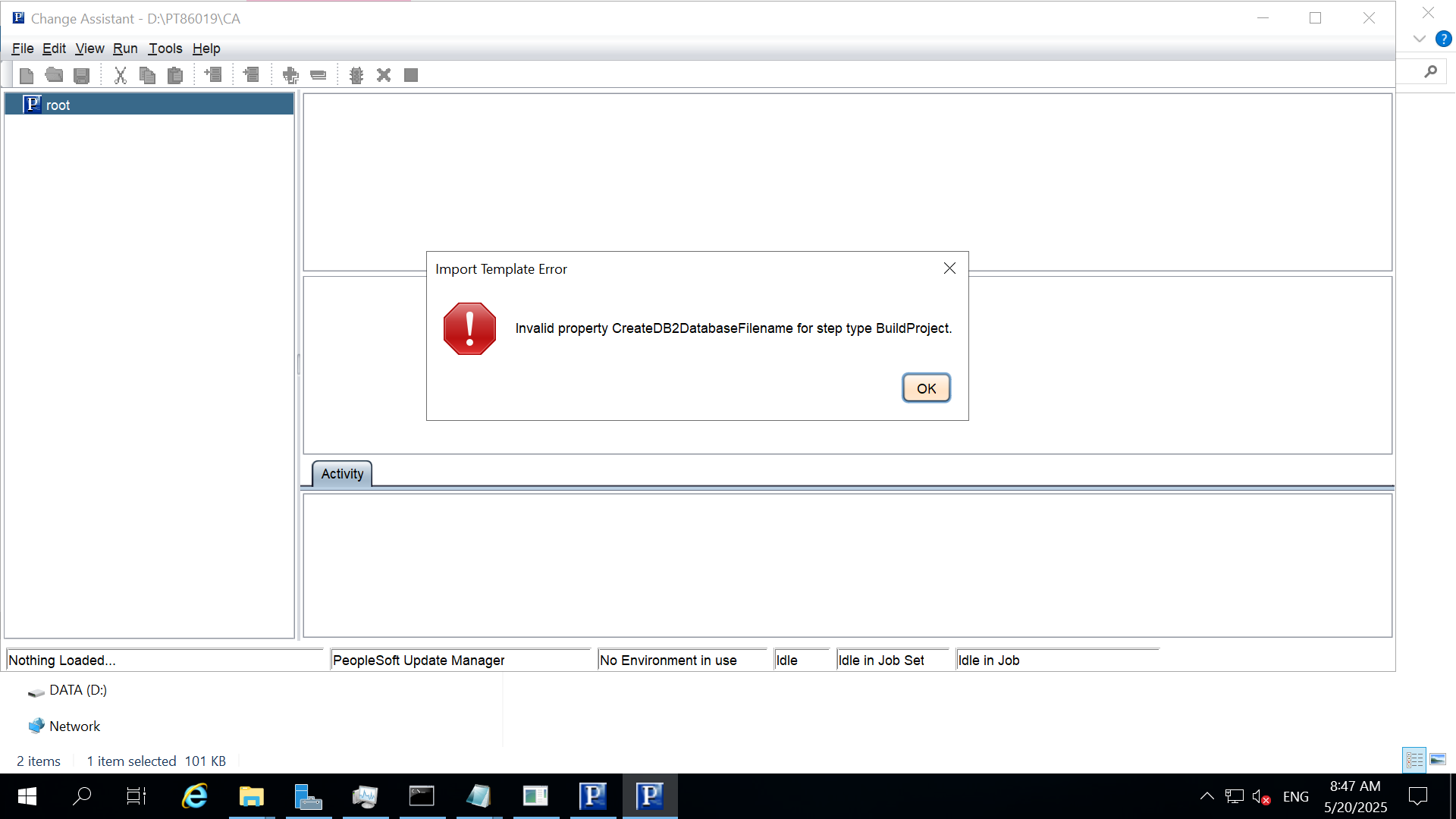 invalid property create DB2DATABASE FILENAME FOR STEP TYPE BUILD ...