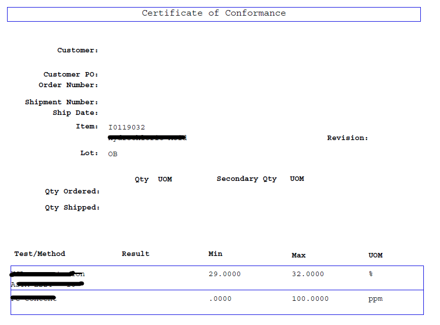 Certificate of Analysis/Certificate of Conformance(New Quality) Based on Sample result — oracle-mosc
