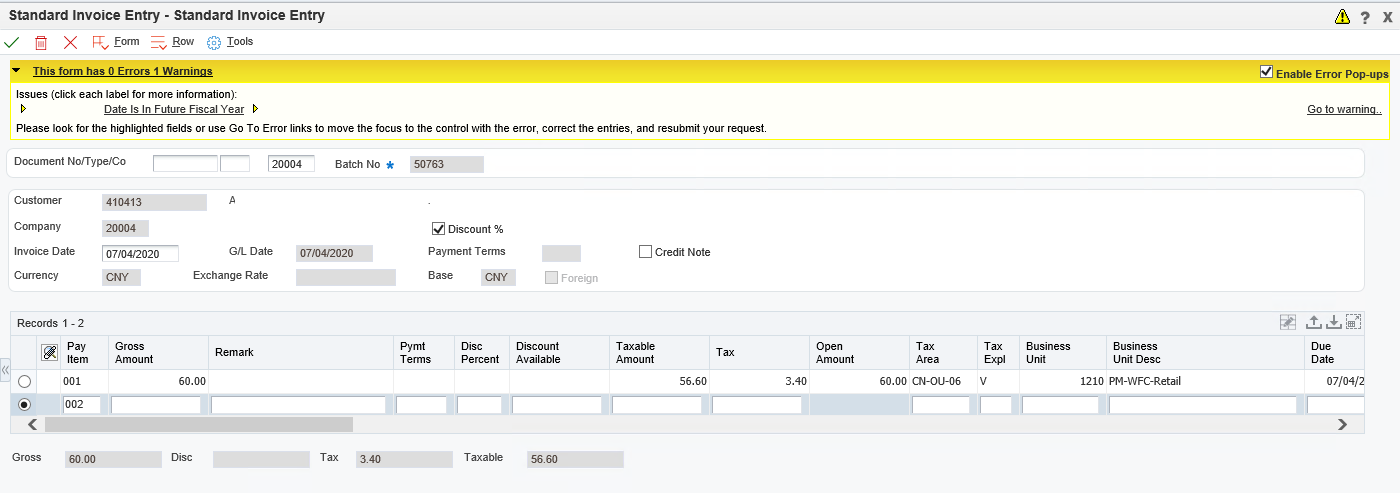Invoice Not Standard Invoice Entry not prompt error when Taxable Amount plus Tax ...
