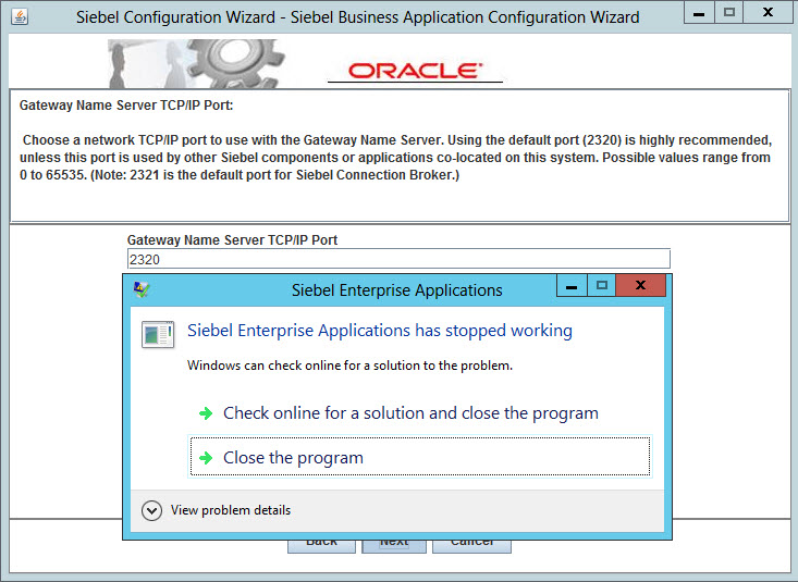 Error while trying to configure Siebel Gateway Server on Windows 2012 ...