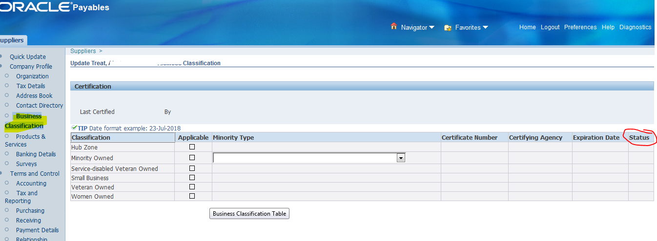 what is the table for AP supplier business classification status is ...