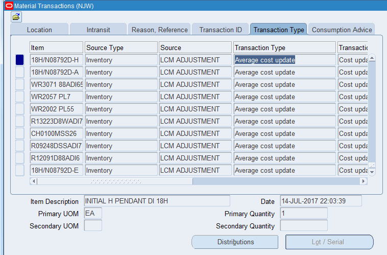 LCM Adjustment Average cost update oracle mosc