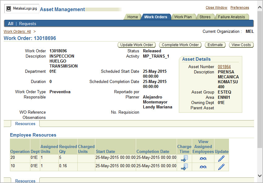 Maintenance Super User - find WorkOrder detail - the resources are ...