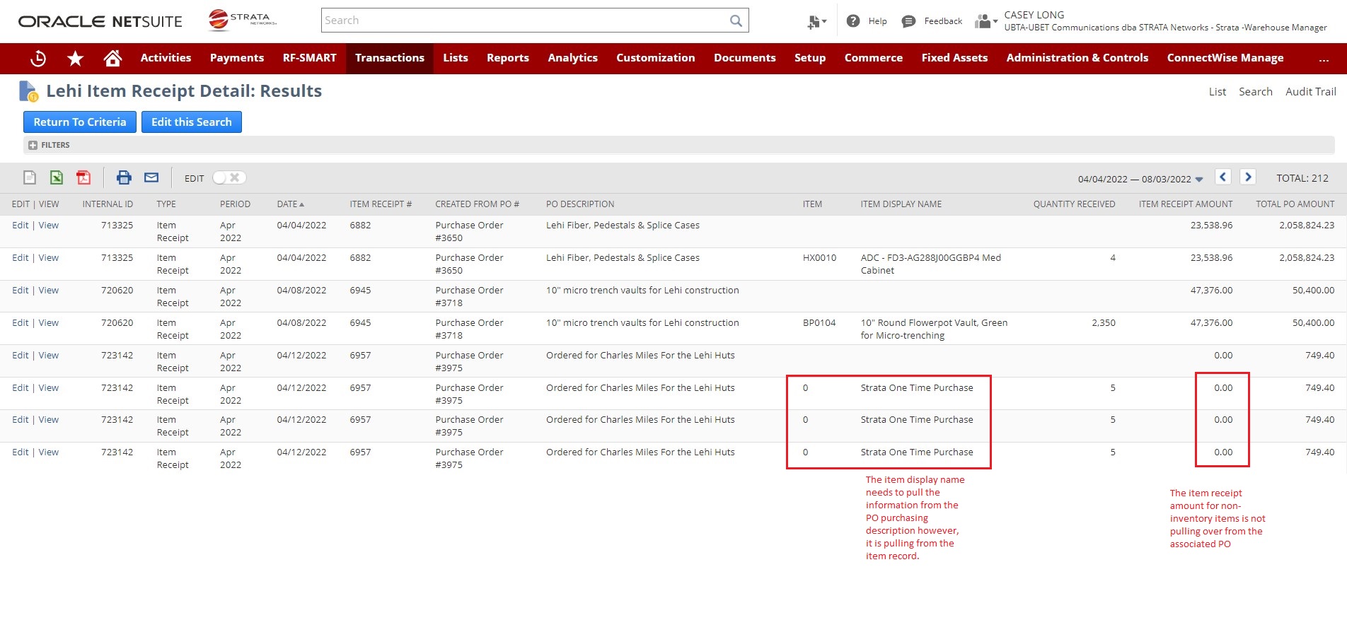 How to include purchasing description and rate on saved search for noninventory item receipts