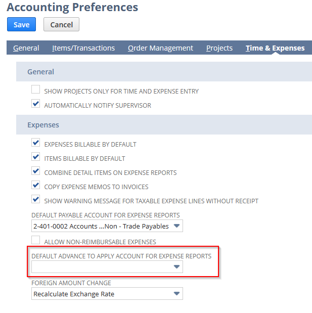Change Account type for "Advance to Apply Account" for Expense Reports