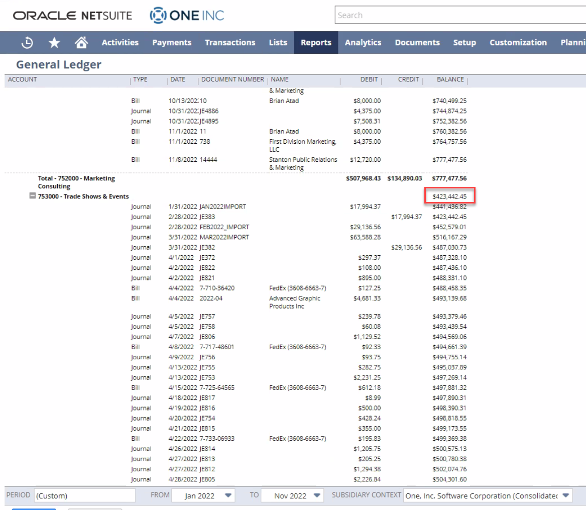 Why is the General Ledger report showing detailed transactions not starting at zero on current